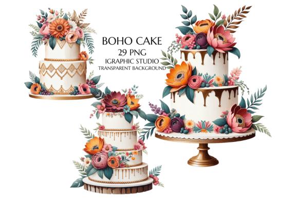 Boho Wedding Cake Clipart: Watercolor Elegance for Your Projects