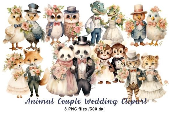 Enchanting Animal Couple Wedding Watercolor Clipart for Your Designs