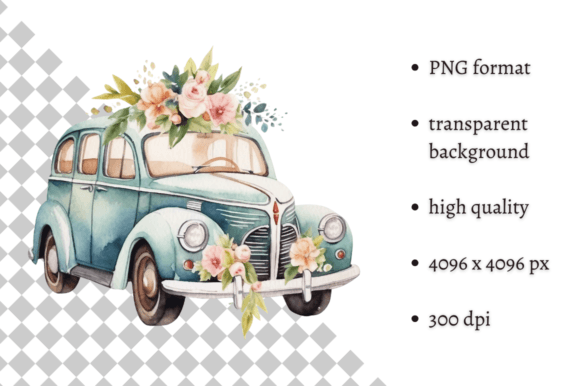 Whimsical Watercolor Wedding Car Clipart for Creative Projects